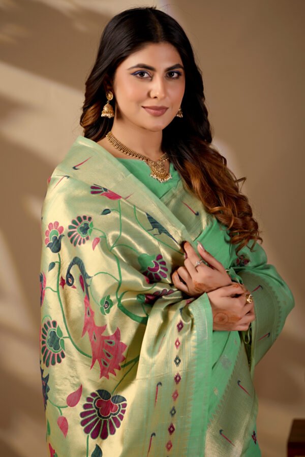 Sea Green Banarasi Cotton Saree - view 5