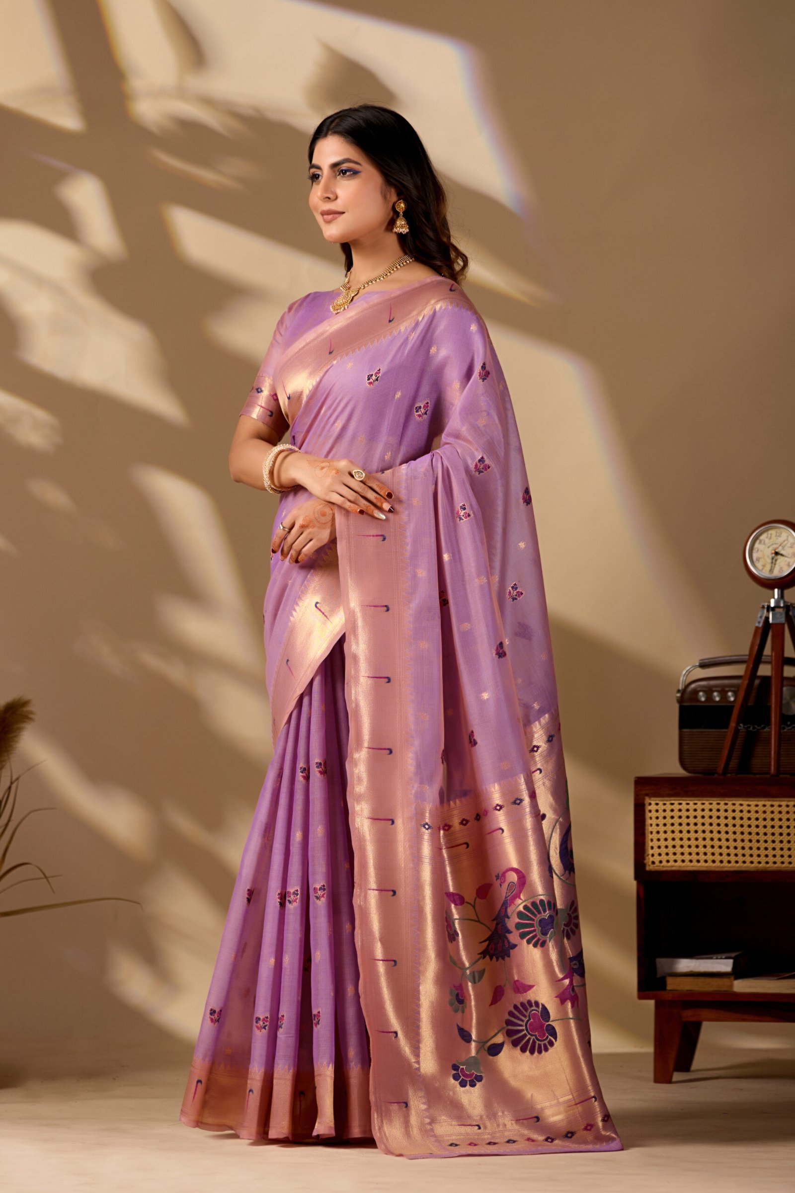 Lavender Paithani Cotton Saree with peacock pallu by Noir and Grace