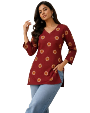 Maroon Printed Cotton Short Kurti by Noir and Grace