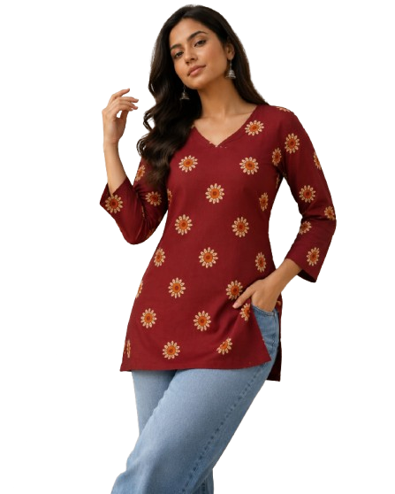Maroon Printed Cotton Short Kurti by Noir and Grace