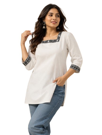 White Cotton Short Kurti by Noir and Grace