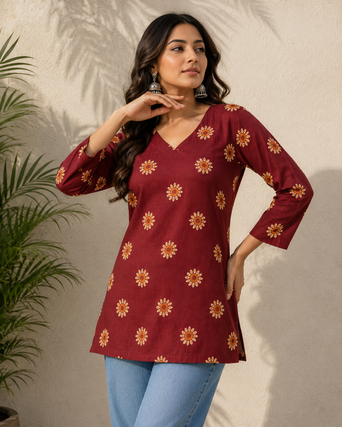 Maroon Printed Cotton Short Kurti styled with jeans by Noir and Grace