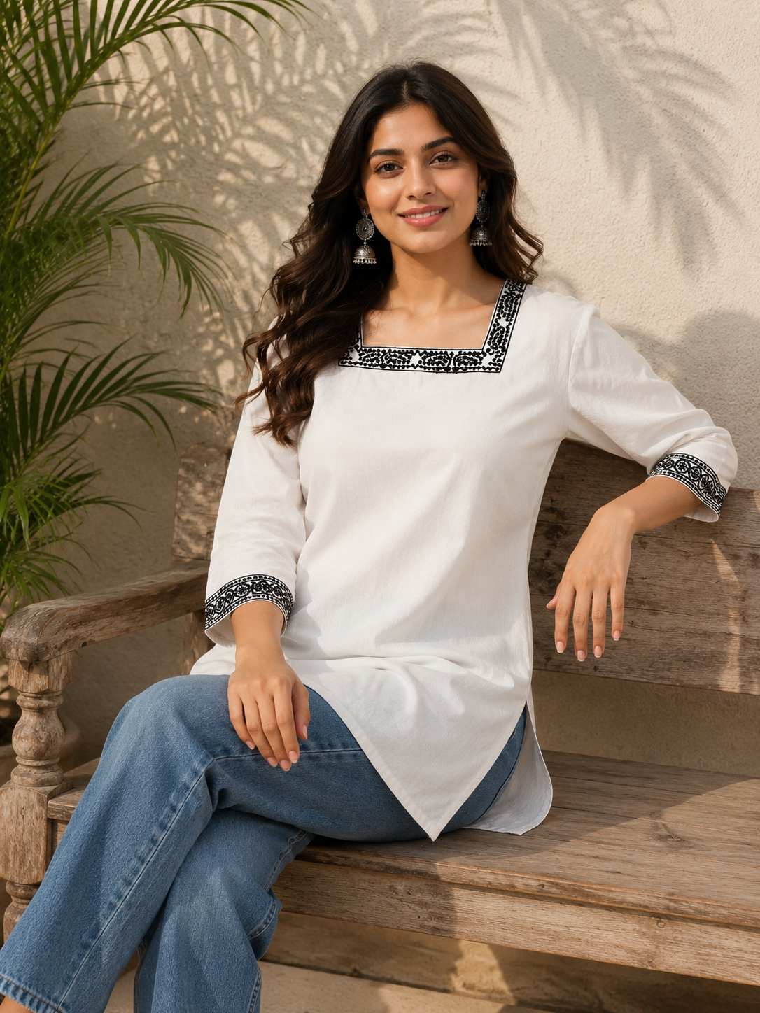 White Cotton Short Kurti styled with jeans by Noir and Grace