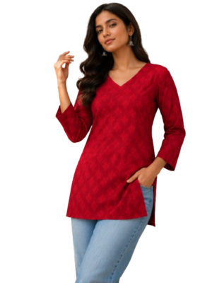 Red Cotton Short Kurti by Noir and Grace