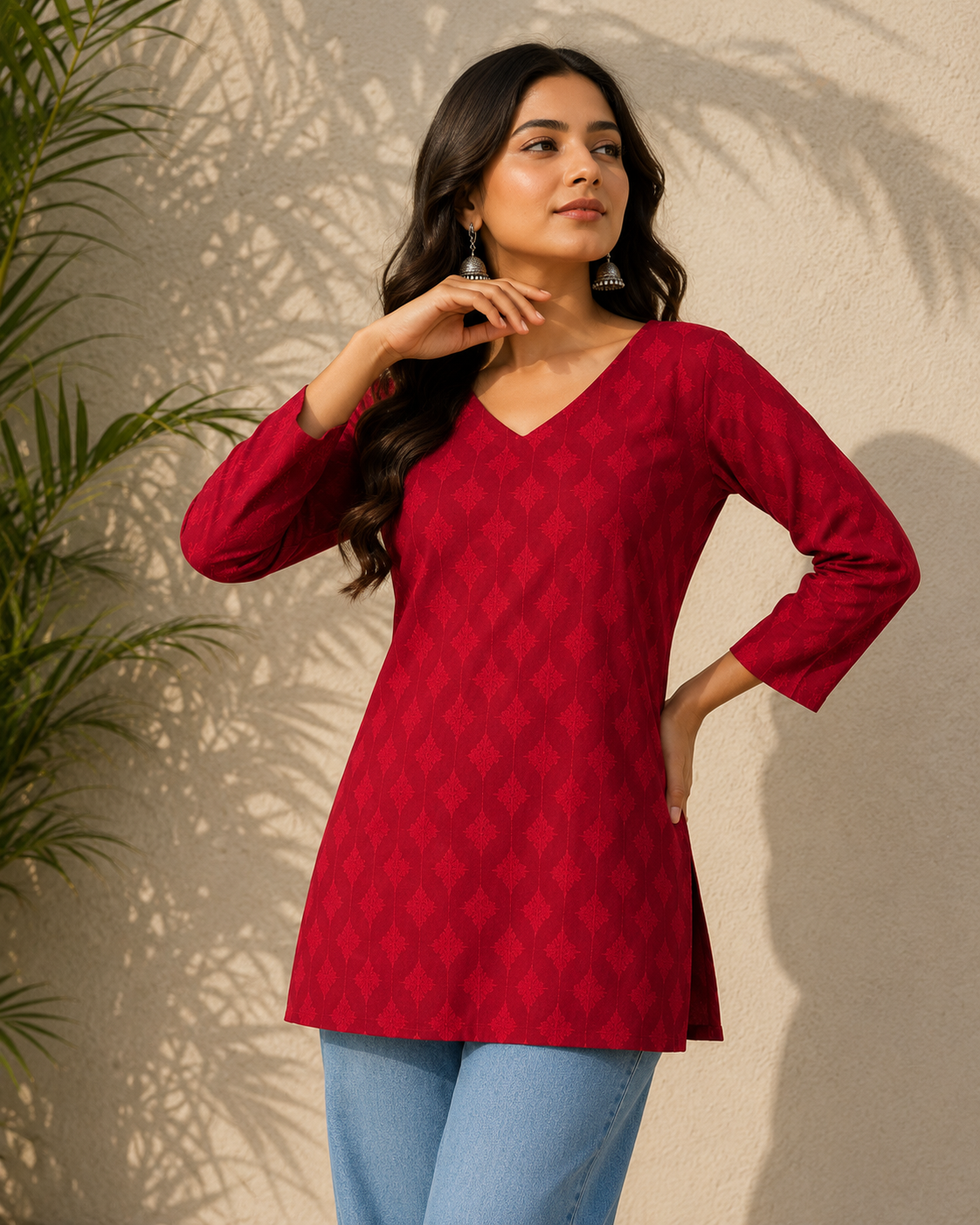 Red Cotton Short Kurti styled with jeans by Noir and Grace