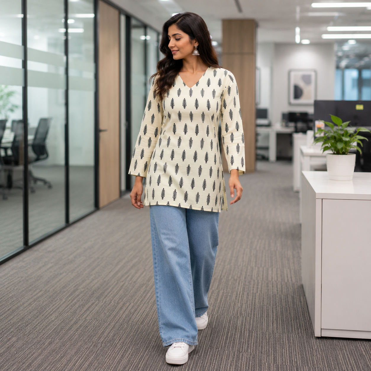 Ivory Printed Cotton Short Kurti styled with jeans by Noir and Grace