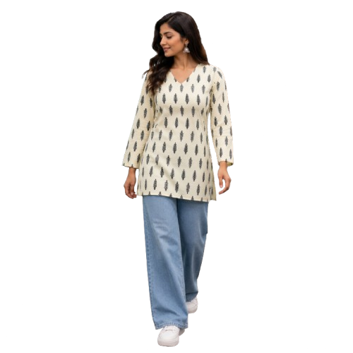 Ivory Printed Cotton Short Kurti by Noir and Grace