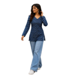 Navy Blue Printed Cotton Short Kurti by Noir and Grace