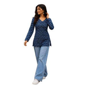 Navy Blue Printed Cotton Short Kurti by Noir and Grace