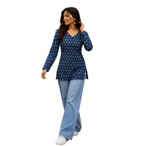 Navy Blue Printed Cotton Short Kurti by Noir and Grace