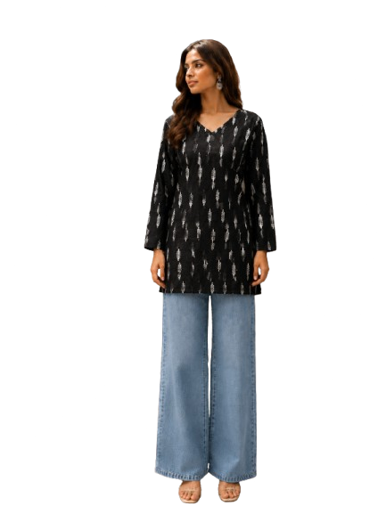 Black Printed Cotton Short Kurti by Noir and Grace