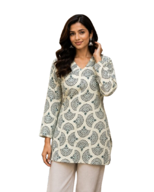 Off White Printed Cotton Short Kurti by Noir and Grace