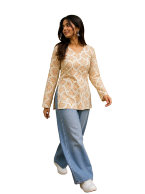 Cream Printed Cotton Short Kurti by Noir and Grace