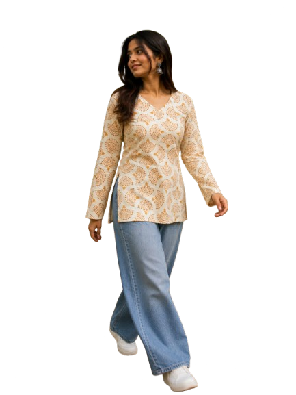 Cream Printed Cotton Short Kurti by Noir and Grace