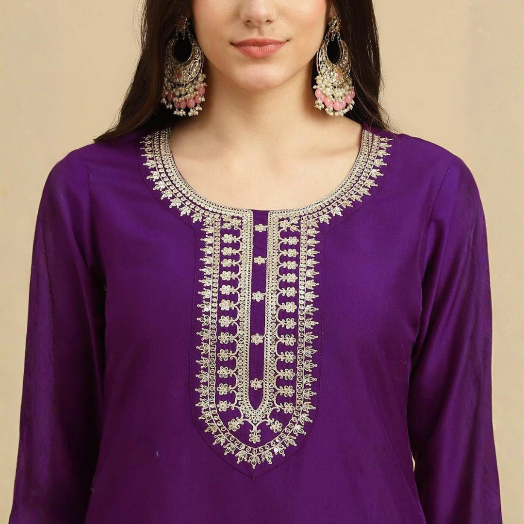 Purple Zari Embroidered Kurta Set with dupatta by Noir and Grace