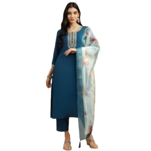 Teal Blue Rayon Kurta Set with dupatta by Noir and Grace