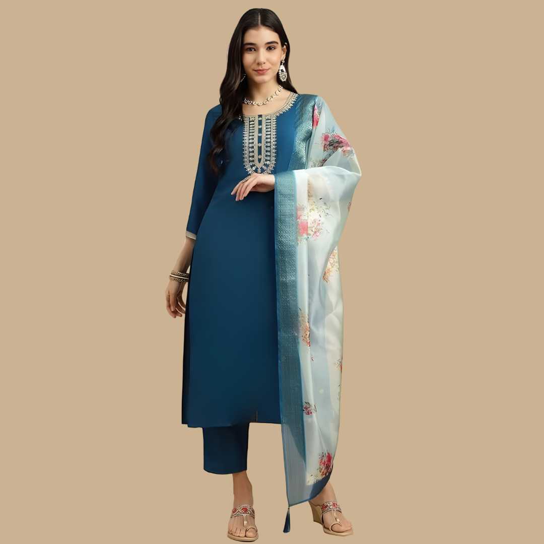 Teal Blue Rayon Kurta Set with dupatta by Noir and Grace