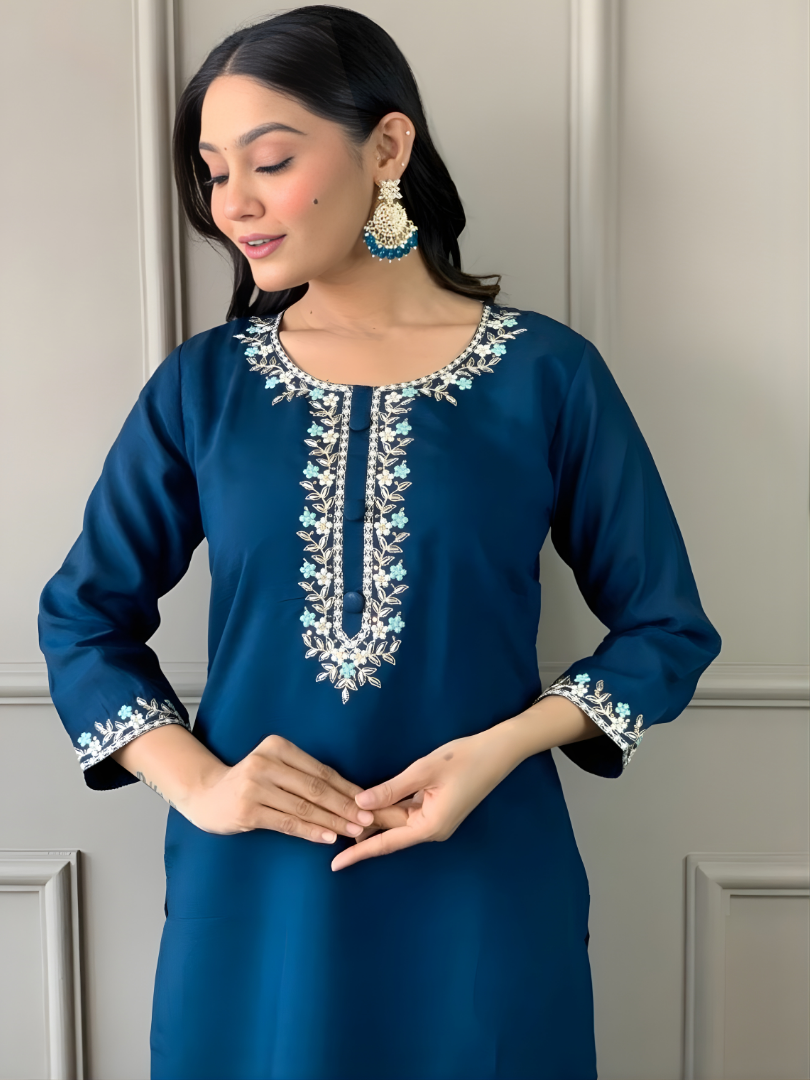 Peacock Blue Rayon Kurta Set with dupatta by Noir and Grace