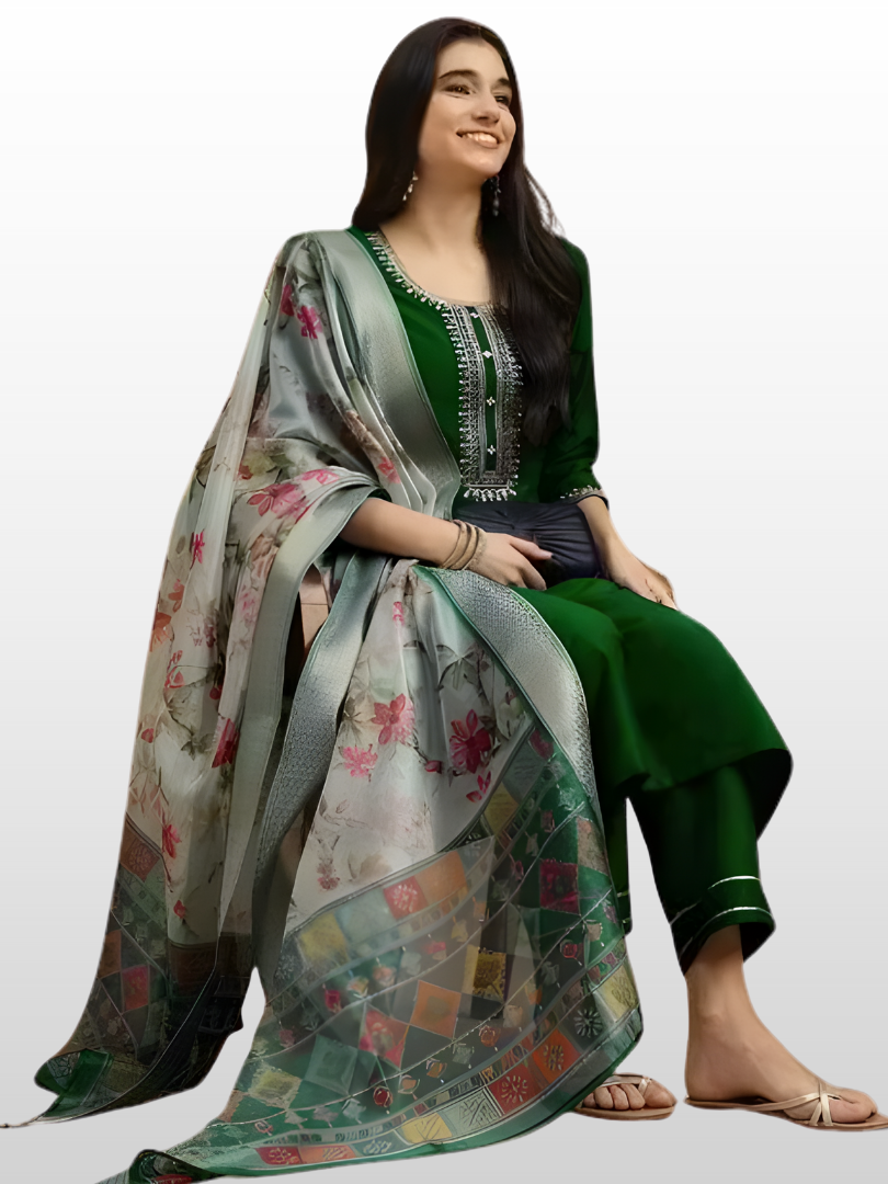 Emerald Green Rayon Kurta Set with dupatta by Noir and Grace
