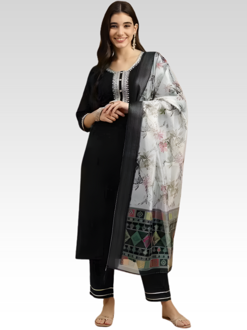 Black Rayon Kurta Set with dupatta by Noir and Grace