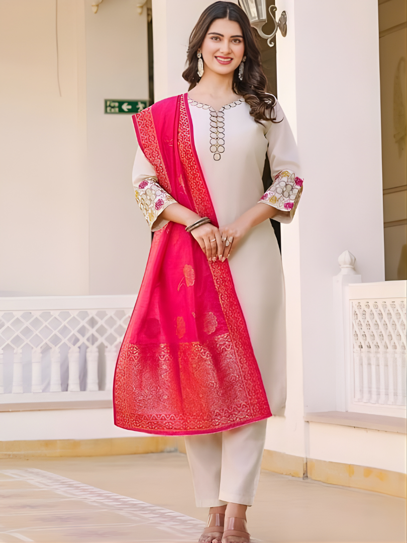 Cream Rayon Kurta Set with dupatta by Noir and Grace