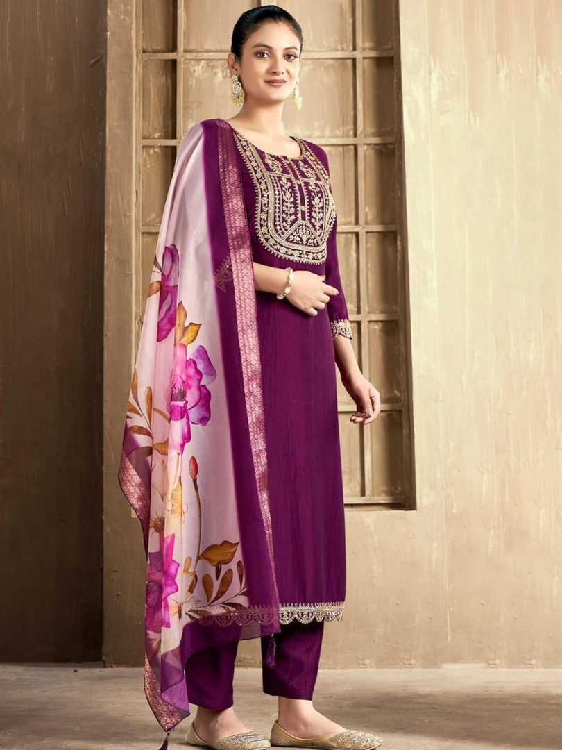 Wine Rayon Kurta Set with dupatta by Noir and Grace
