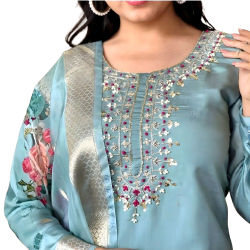 Sky Blue Rayon Kurta Set with dupatta by Noir and Grace