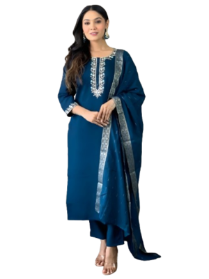 Peacock Blue Rayon Kurta Set with dupatta by Noir and Grace