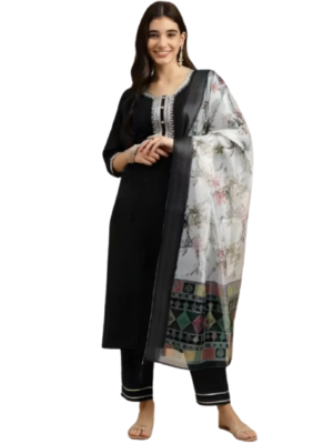 Black Rayon Kurta Set with dupatta by Noir and Grace