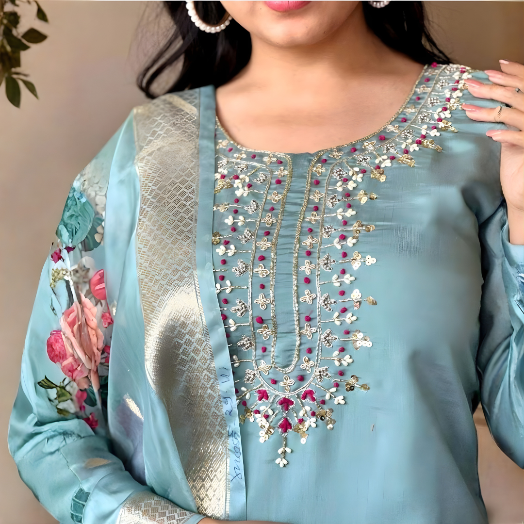 Sky Blue Rayon Kurta Set with dupatta by Noir and Grace