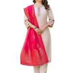 Cream Rayon Kurta Set with dupatta by Noir and Grace