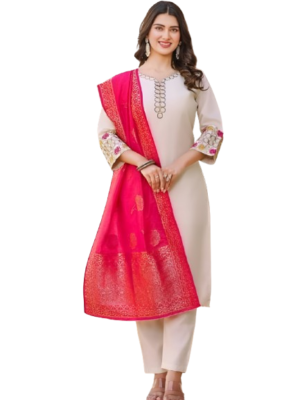 Cream Rayon Kurta Set with dupatta by Noir and Grace