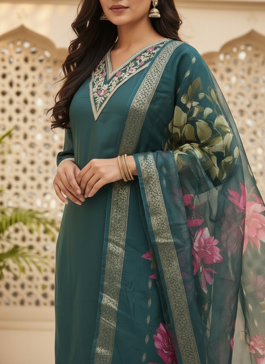 Teal Green Silk Kurta Set with dupatta by Noir and Grace