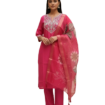 Rani Pink Silk Kurta Set with dupatta by Noir and Grace