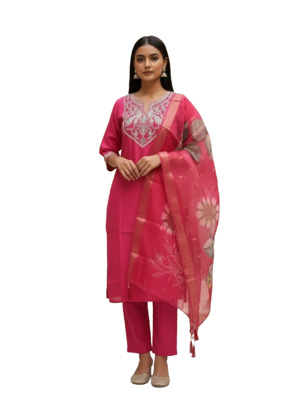 Rani Pink Silk Kurta Set with dupatta by Noir and Grace