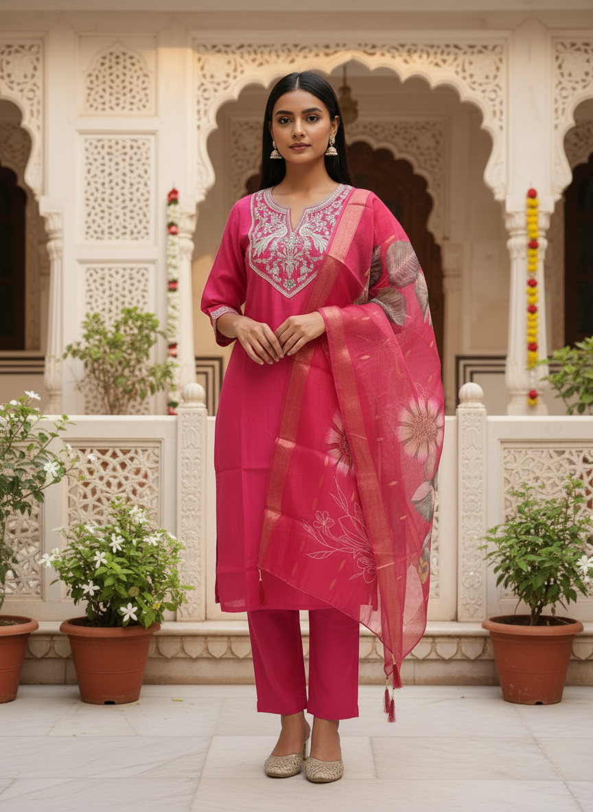 Rani Pink Silk Kurta Set with dupatta by Noir and Grace