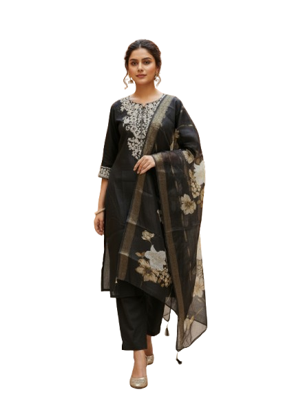 Black Silk Kurta Set with dupatta by Noir and Grace
