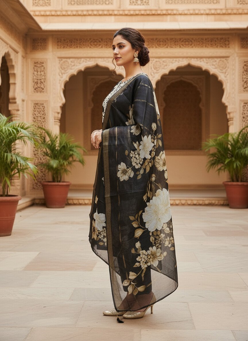 Black Silk Kurta Set with dupatta by Noir and Grace