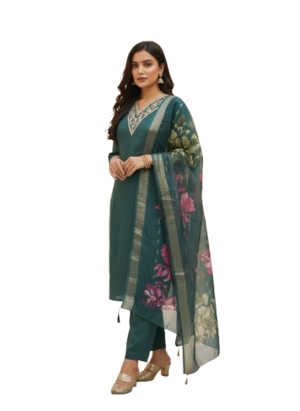 Teal Green Silk Kurta Set with dupatta by Noir and Grace