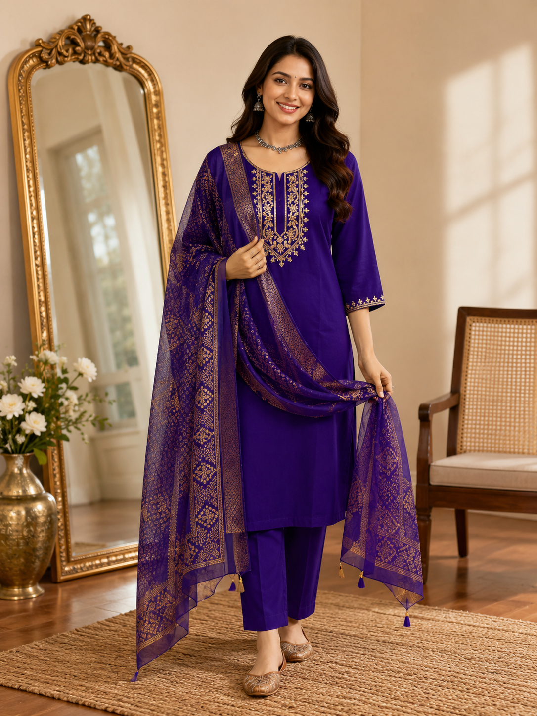 Violet Silk Kurta Set with dupatta by Noir and Grace