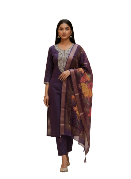 Royal Purple Silk Kurta Set with dupatta by Noir and Grace
