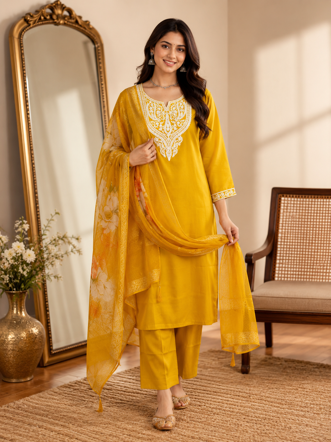 Mustard Yellow Silk Kurta Set with dupatta by Noir and Grace