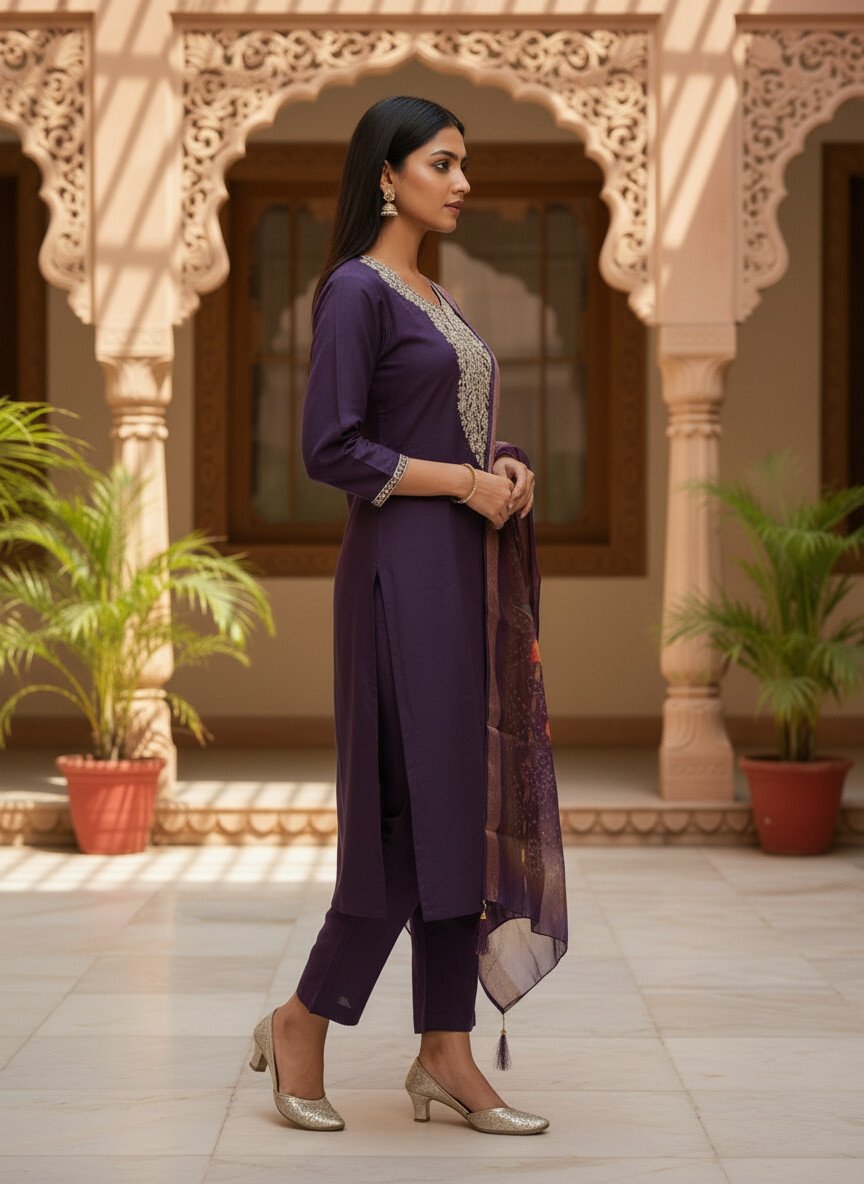 Royal Purple Silk Kurta Set with dupatta by Noir and Grace