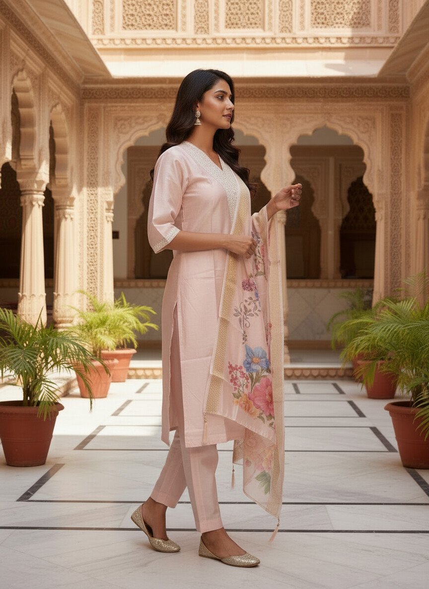 Blush Pink Silk Kurta Set with dupatta by Noir and Grace
