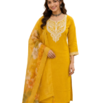 Mustard Yellow Silk Kurta Set with dupatta by Noir and Grace