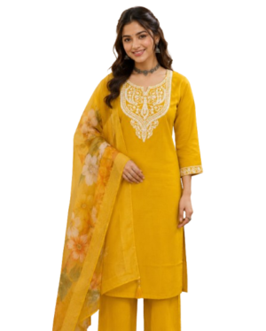 Mustard Yellow Silk Kurta Set with dupatta by Noir and Grace