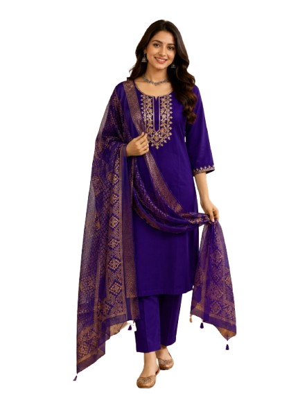 Violet Silk Kurta Set with dupatta by Noir and Grace