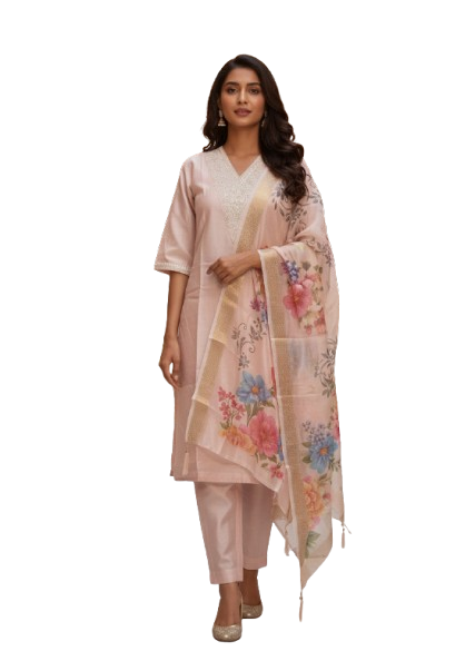 Blush Pink Silk Kurta Set with dupatta by Noir and Grace