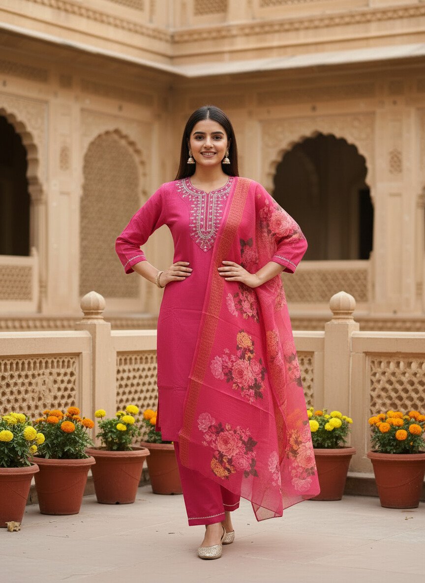 Deep Pink Rayon Kurta Set with dupatta by Noir and Grace