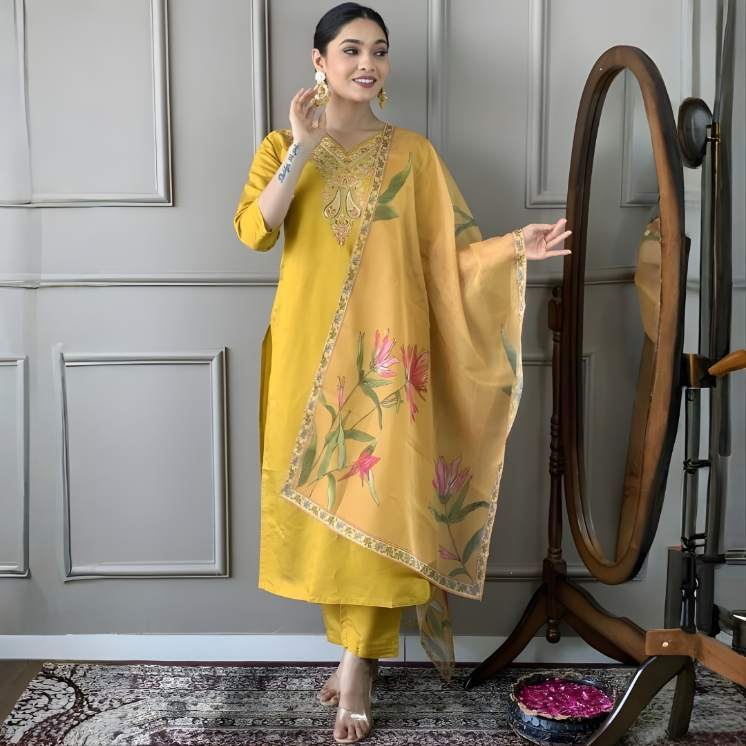 Mustard Yellow Rayon Kurta Set with dupatta by Noir and Grace